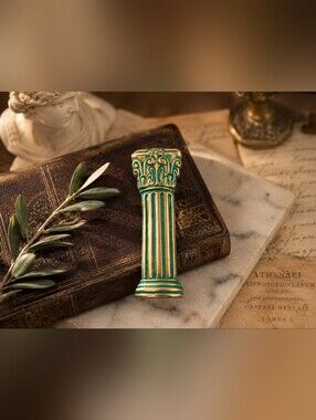 Vintage Brooch Axcess Greco-Roman Corinthian Column Gold Tone & Turquoise Patina